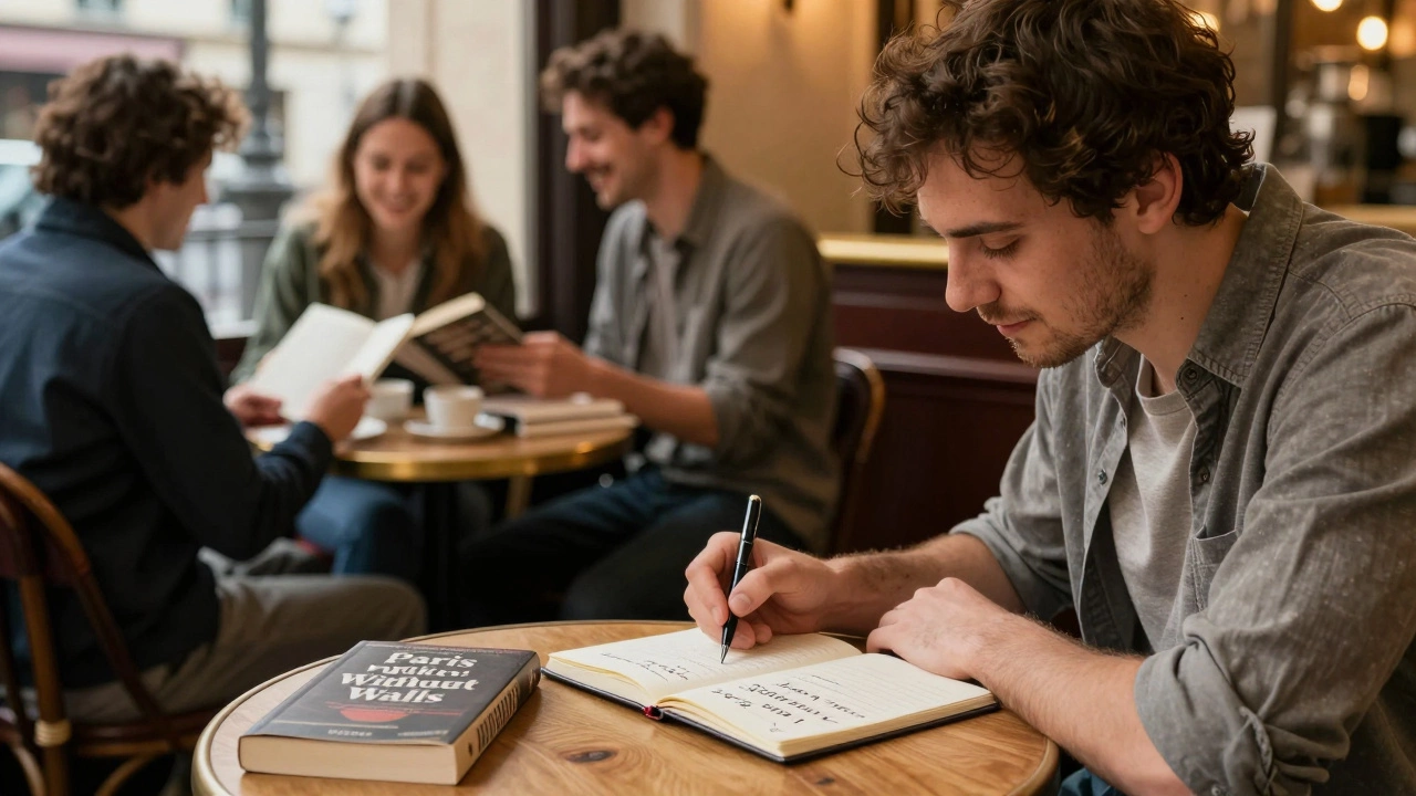 A traveler in a cozy Paris café contemplates joining a language exchange, surrounded by quiet human connection.