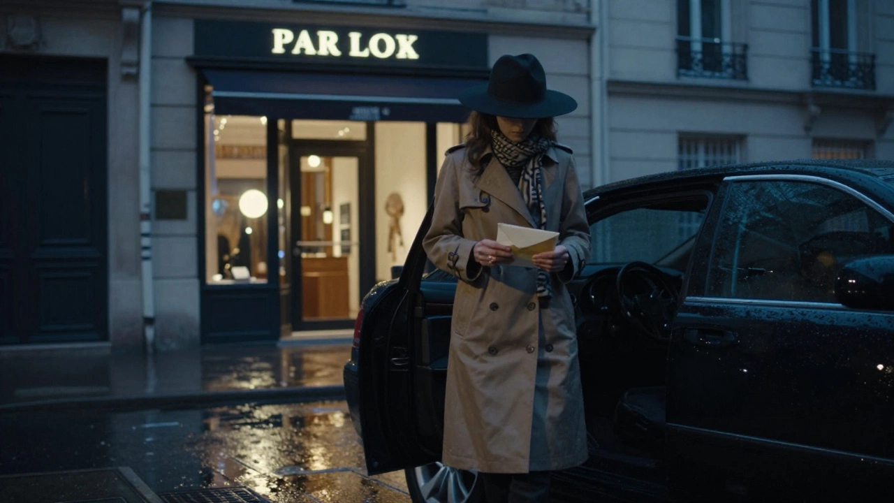 A woman in a trench coat stepping from a sedan into a discreet European hotel at night.