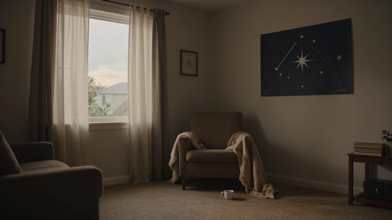 An empty, softly lit room with curtains moving in the breeze, suggesting a recent moment of deep emotional intimacy.