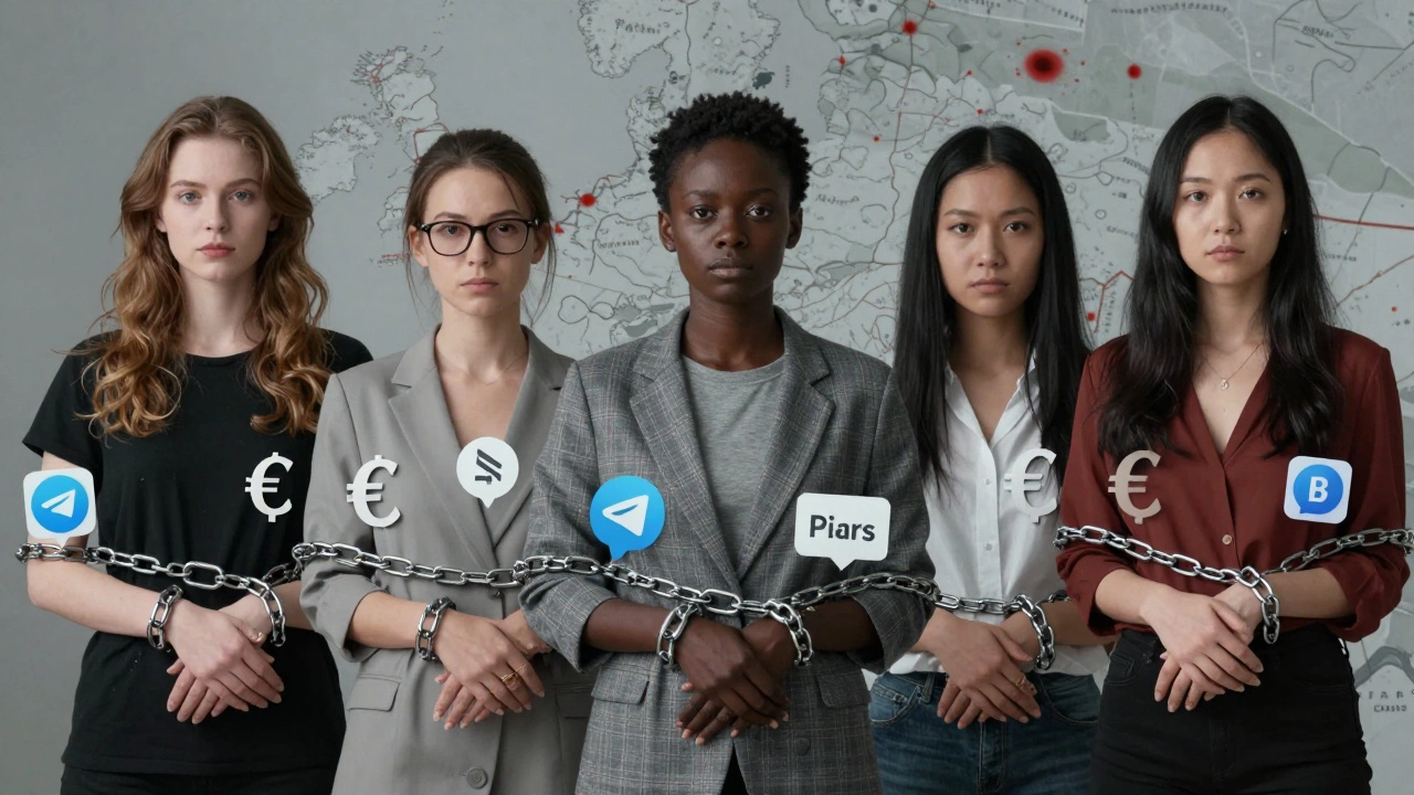 Fragmented portraits of women encircled by digital chains and euro symbols over a map of Paris.